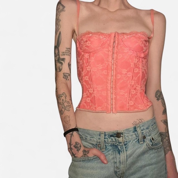 Baby Pink/Coral Lace Corset Bra Top with a Beautiful Criss Cross Back Detail - Picture 2 of 5